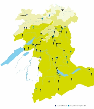 Karte der Kantone Bern, Solothurn und Jura mit laufenden Projekten