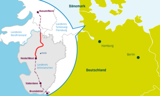 Die Westküstenleitung in Schleswig-Holstein. Der Bauabschnitt der LTB Leitungsbau GmBH ist die rote Linie.