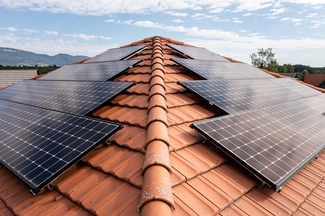 Ein Ziegelhausdach mit Solarpanels darauf