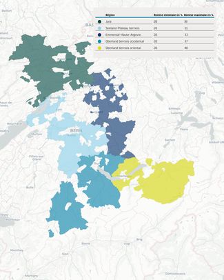 Carte de la zone de desserte de BKW. Les régions sont réparties en cinq catégories de couleurs différentes.
