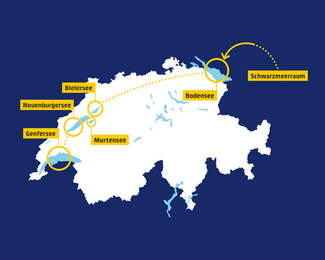 Grafik der Schweiz mit dem Bodensee, Genfersee und den Jurafussseen. Dort hat sich die Quaggamuschel schon ausgebreitet.