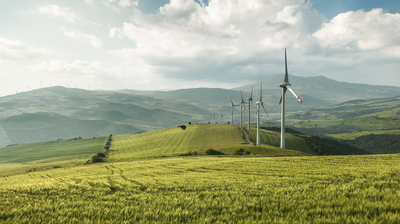 Sonnige Landschaft mit Windkraft im Vordergrund