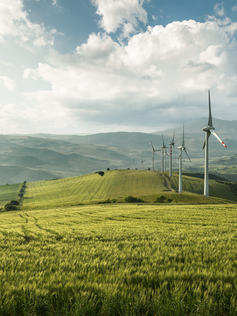 Sonnige Landschaft mit Windkraft im Vordergrund