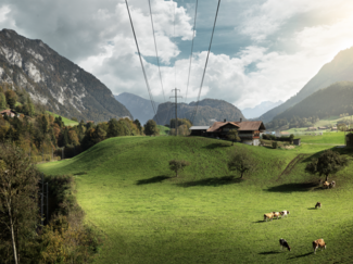 [Translate to bkw.ch: FR:] Bild mit Stromleitung im Hintergrund ist ein Bauernhaus zu sehen. Auf der untern Wiese weiden Kühe.
