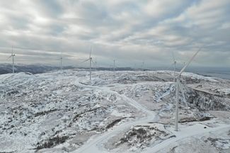 Wind turbines of the Fosen Vind wind power complex in winter.