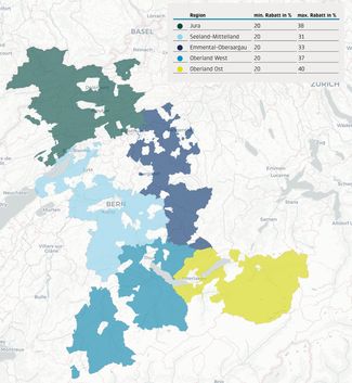 Karte des Versorgungsgebiet der BKW. Die Regionen sind in fünf verschiedene Farbkategorien eingefärbt.
