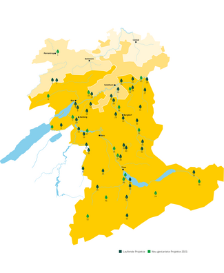 Karte der Kantone Bern, Solothurn und Jura mit laufenden Projekten