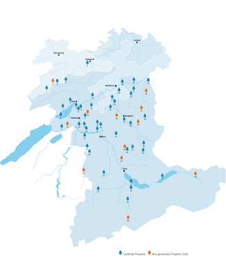 Karte der Kantone Bern, Solothurn und Jura mit laufenden Projekten